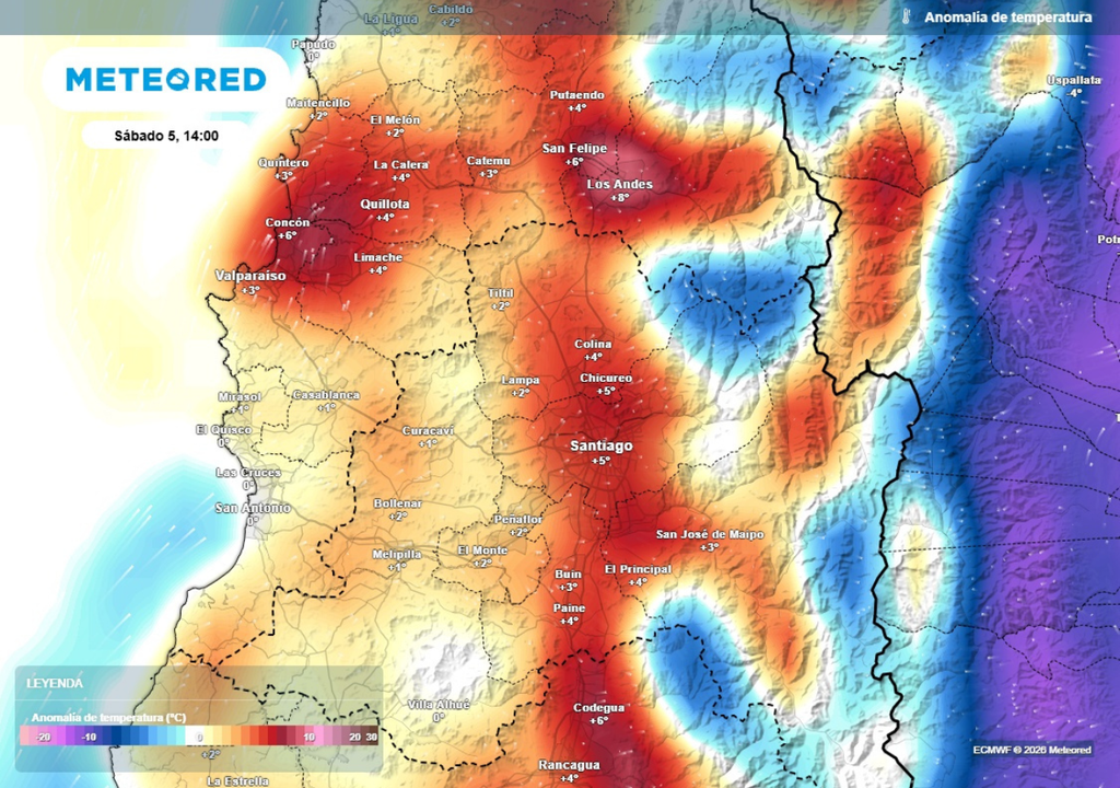 mapa de anomalía de temperaturas Durante el sábado tendremos un ascenso significativo en las temperaturas: la amplitud térmica será de hasta 20 grados.