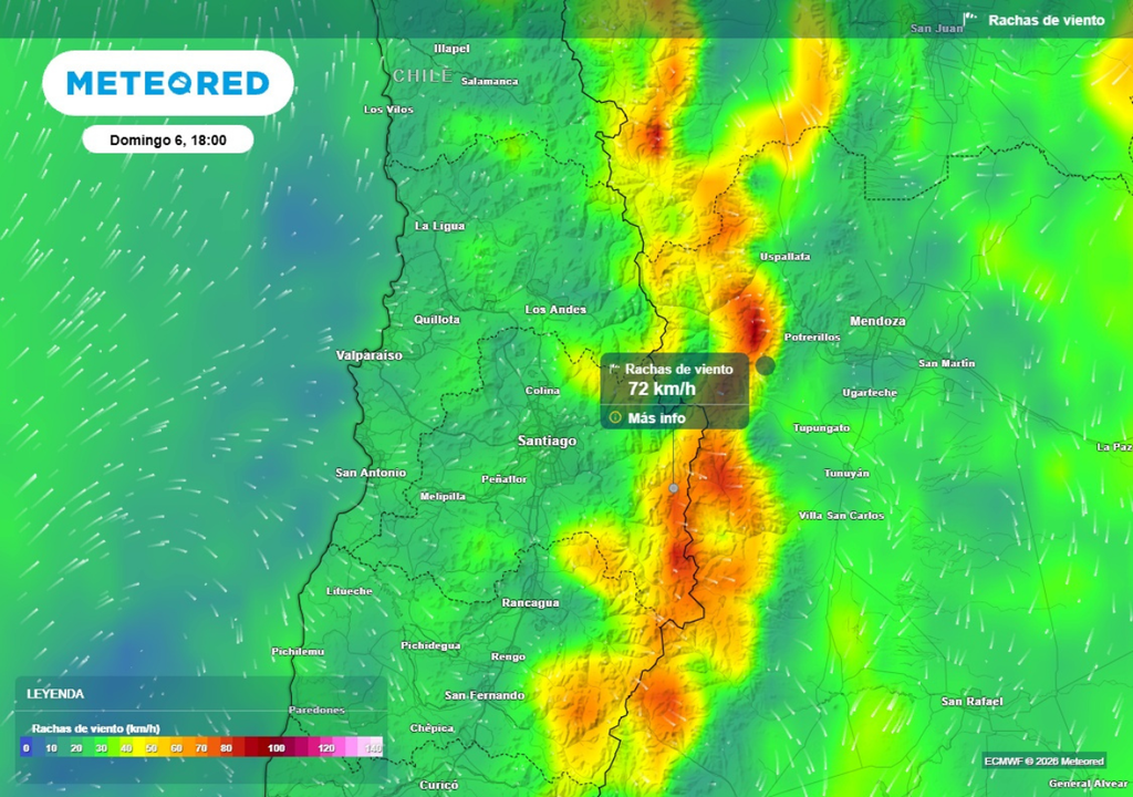 mapa de rachas de viento Este domingo se espera un incremento de viento en la alta cordillera, con rachas de hasta 70 km/h.