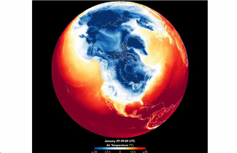 Evolución de la temperaturas del aire en la superficie de parte del hemisferio norte, incluida América del Norte, del 21 al 29 de enero de 2026. NASA