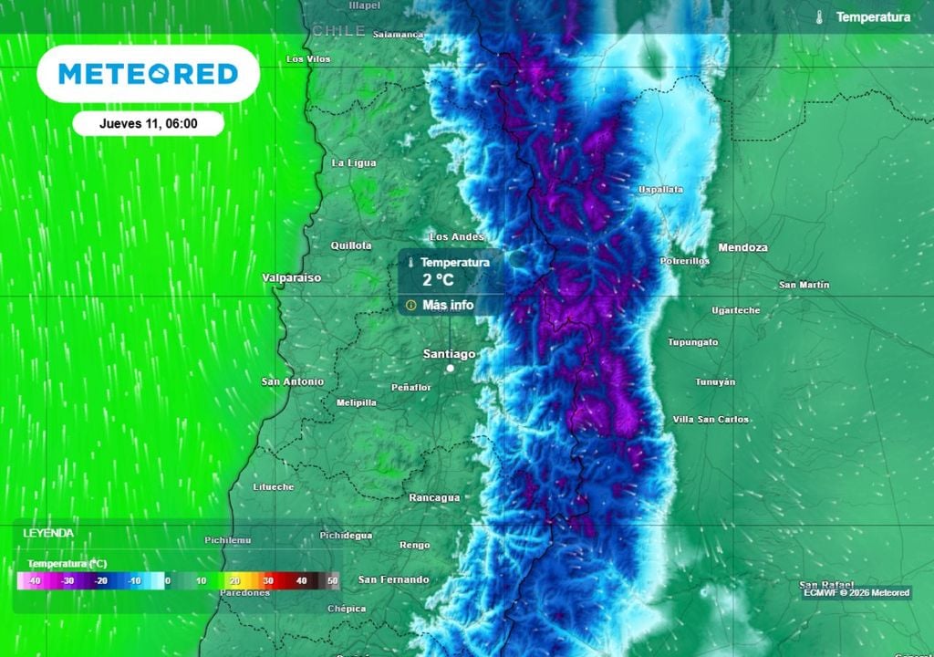 mapa de temperatura La mínima bordeará los 2 grados en el centro capitalino, mientras que en sectores del sur y poniente podrían alcanzar los cero grados.