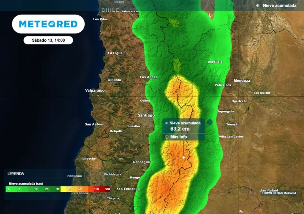 mapa de nieve acumulada Esta semana se podría llegar a acumular más de medio metro en la alta cordillera.