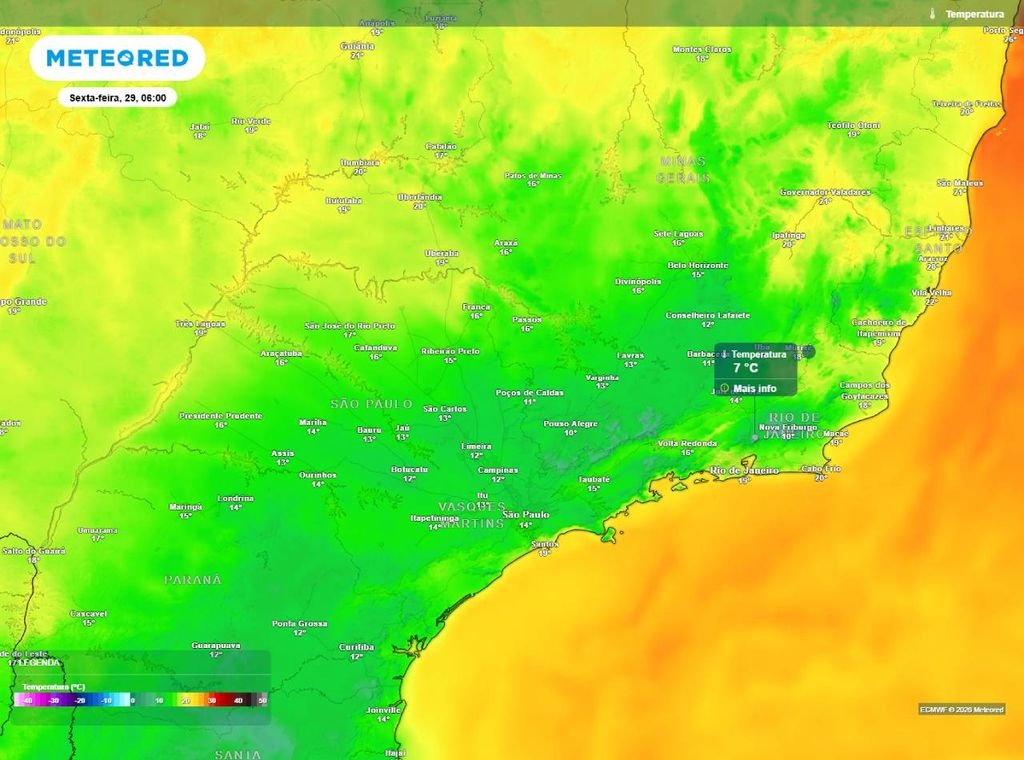 Previsão da temperatura mínima (°C) para sexta-feira (29), segundo o modelo europeu ECMWF.