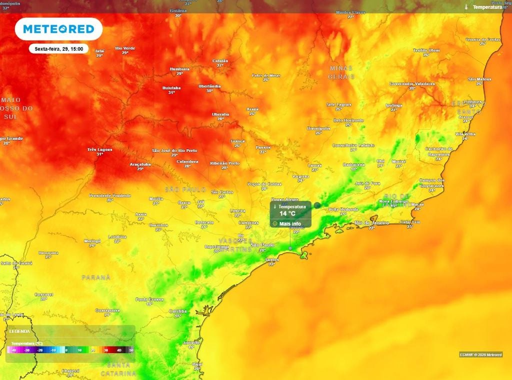 Previsão da temperatura máxima (°C) para sexta-feira (29), segundo o modelo europeu ECMWF.