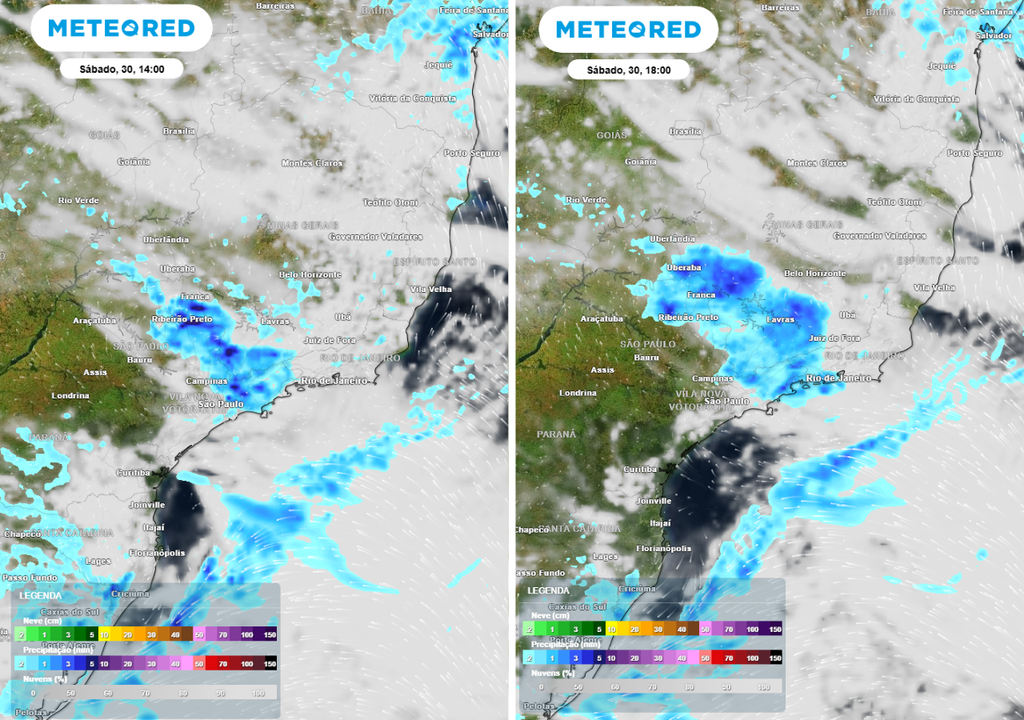 Previsão de precipitação (em mm) e nebulosidade para sábado (30) às 14h à esquerda e para as 18h à direita, segundo o modelo europeu ECMWF.