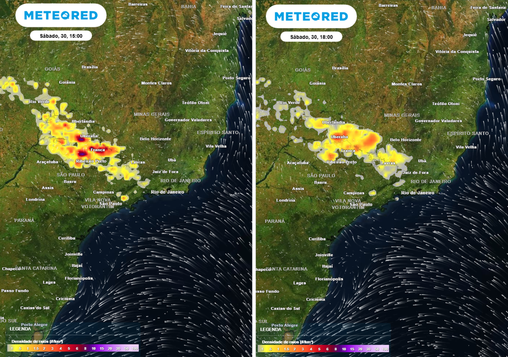Previsão de densidade de raios para sábado (30) às 15h à esquerda e para às 18h à direita, segundo o modelo europeu ECMWF.