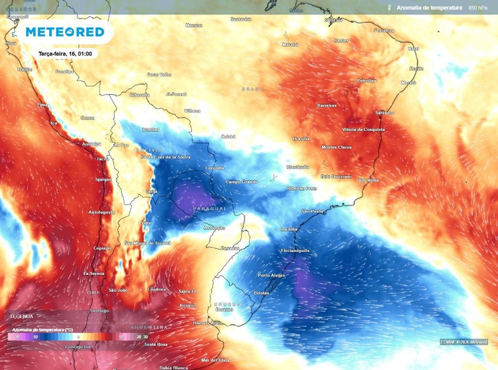 Anomalia de temperatura em 850 hPa. Previsão é de que o ar frio avance para outras áreas do Centro-Sul do Brasil, deixando o amahecer frio em vários estados.