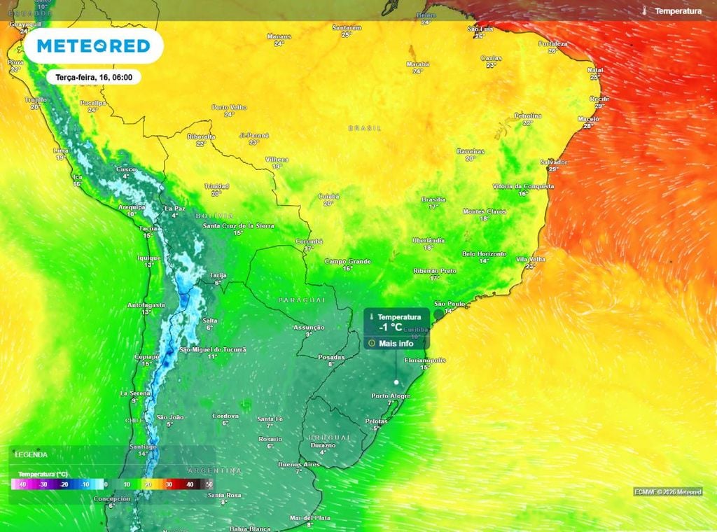 Temperatura mínima. Temperatura mínima prevista para o amanhecer desta terça-feira (16). O mapa mostra valores inferiores a 0°C na Serra Gaúcha, nas demais regiões do RS, temperaturas inferiores a 5°C e risco de geadas.