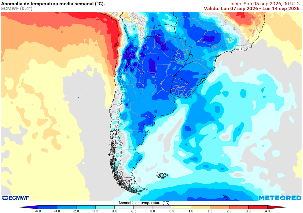 Pronóstico, Clima, Tiempo, Argentina Anomalía de temperaturas prevista para los próximos 7 días según el modelo ECMWF