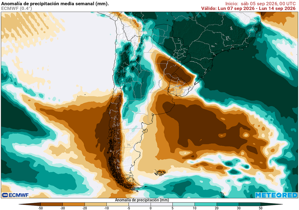 Pronóstico, Clima, Tiempo, Argentina Anomalía de precipitaciones prevista para los próximos 7 días según el modelo ECMWF
