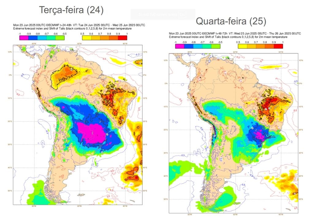 EFI do ECMWF dispara alerta para evento extremo de temperaturas frias em uma ampla área sobre o Brasil. Créditos: ECMWF