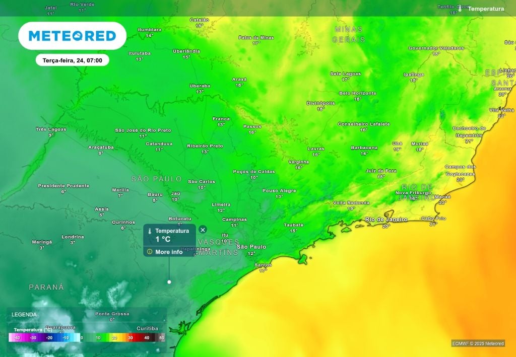 Previsão de temperatura mínima nesta terça-feira (24), de acordo com o ECMWF.