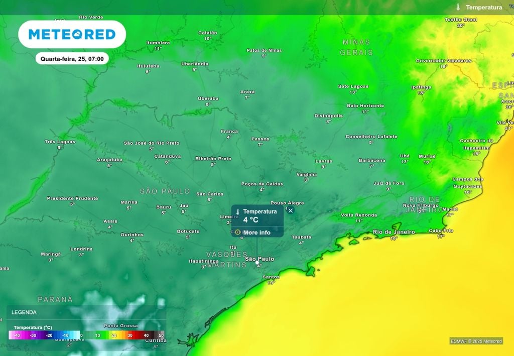 Previsão de temperatura mínima nesta quarta-feira (25), de acordo com o ECMWF.