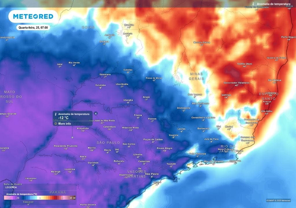 Previsão de anomalia de temperatura nesta quarta-feira (25), de acordo com o modelo ECMWF.