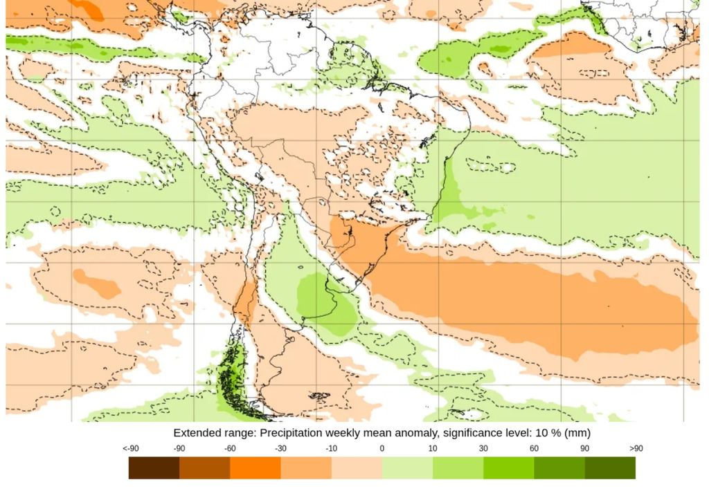 Previsão de anomalia semanal de precipitação de acordo com o ECMWF. Créditos: ECMWF. Previsão de anomalia semanal de precipitação de acordo com o ECMWF. Créditos: ECMWF.