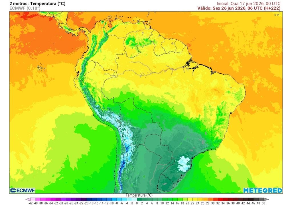 Previsão de temperaturas mínimas na sexta-feira da semana que vem (26). Previsão de temperaturas mínimas na sexta-feira da semana que vem (26) mostra que grande parte da região Sul registrará temperaturas abaixo de zero (cores esbranquiçadas).