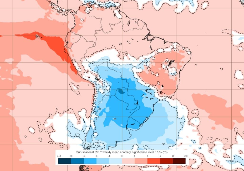 Previsão de anomalias de temperatura entre os dias 22 e 29 de Junho. Previsão de anomalias de temperatura entre os dias 22 e 29 de Junho mostra a ocorrência de frio intenso e sustentado sobre o centro-sul do país, caracterizando uma onda de frio.