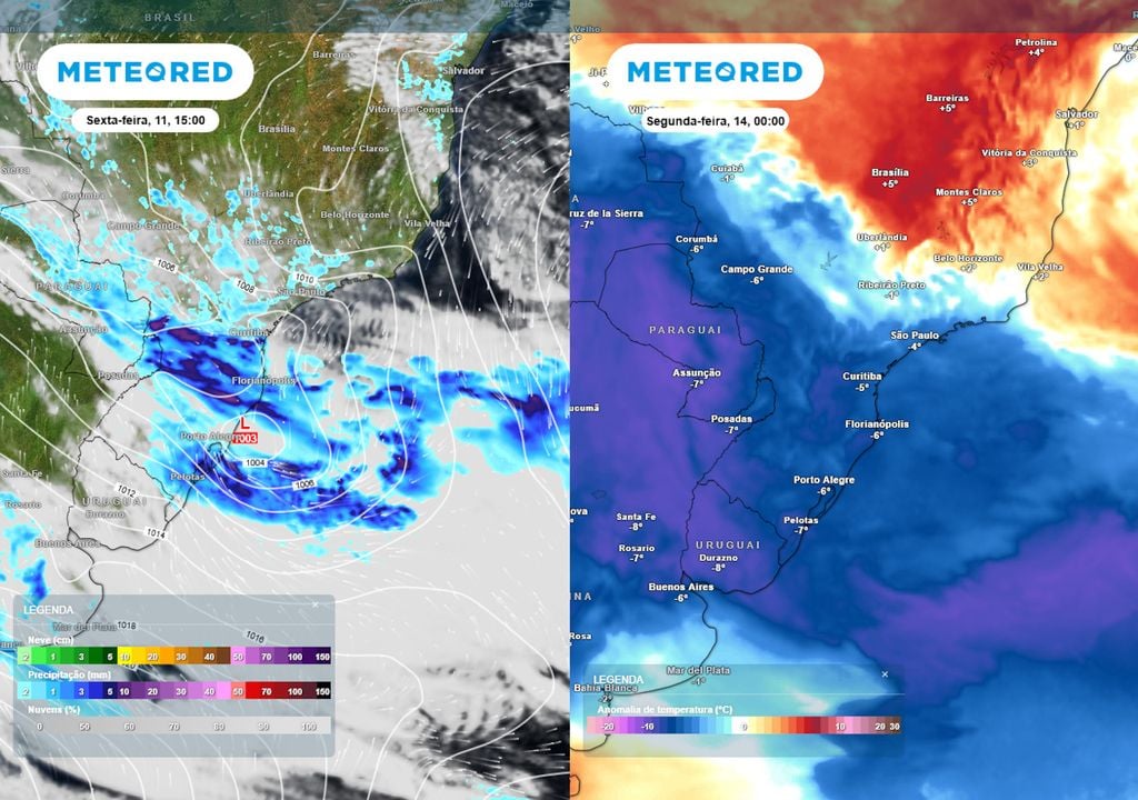Previsão de nebulosidade, pressão e chuva (esquerda) na sexta-feira e de anomalias de temperatura em 850 hPa no domingo (direita). Previsão de nebulosidade, pressão e chuva (esquerda) na sexta-feira e de anomalias de temperatura em 850 hPa no domingo (direita) mostram a frente fria e o avanço da massa de ar polar.
