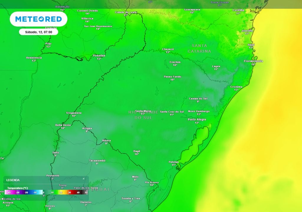 Previsão de temperaturas mínimas no Sábado. Previsão de temperaturas mínimas no Sábado mostra que vários municípios do Rio Grande do Sul e de Santa Catarina registrarão mínimas abaixo dos 10°C. Há risco de geadas pontuais.