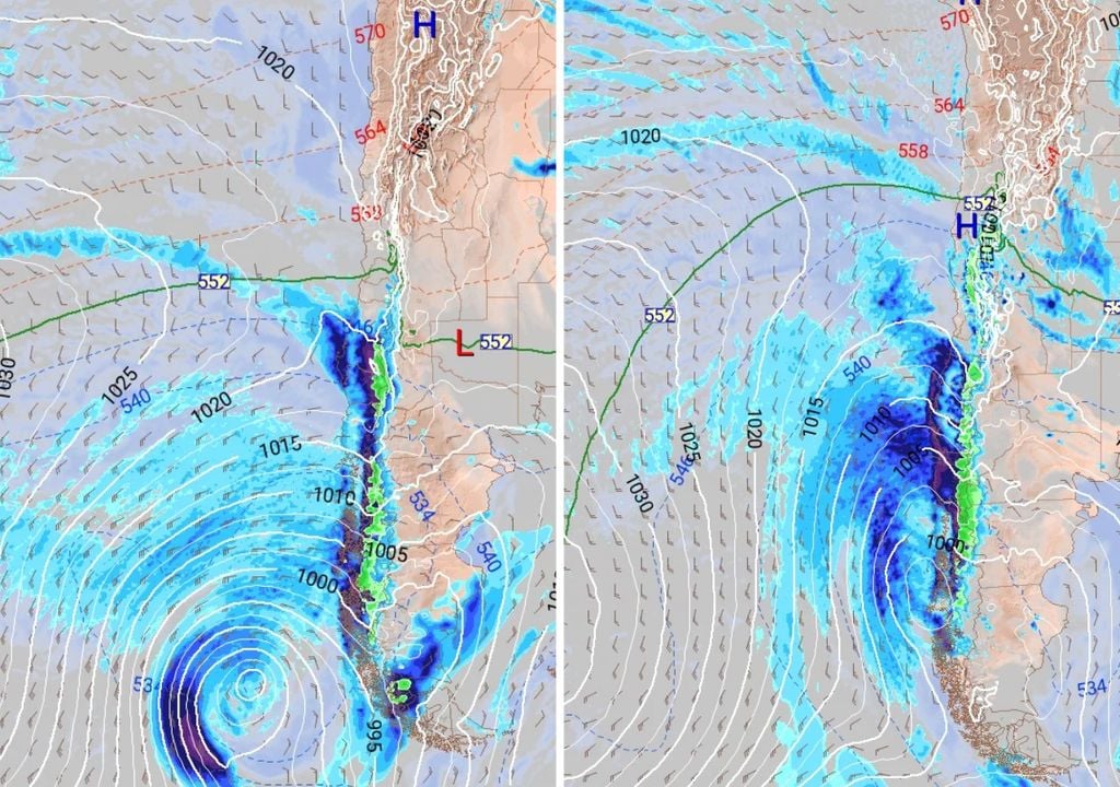 cartas de presión en superficie y precipitación (ECMWF) Según el modelo europeo, se prevé un fin de semana lluvioso en la zona central. A la izquierda, la carta proyectada para el sábado a las 00Z y a la derecha, la del domingo a las 12Z.