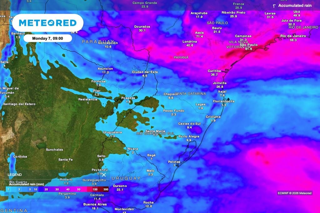 Previsão de chuva acumulada até as 9h de segunda-feira (7).