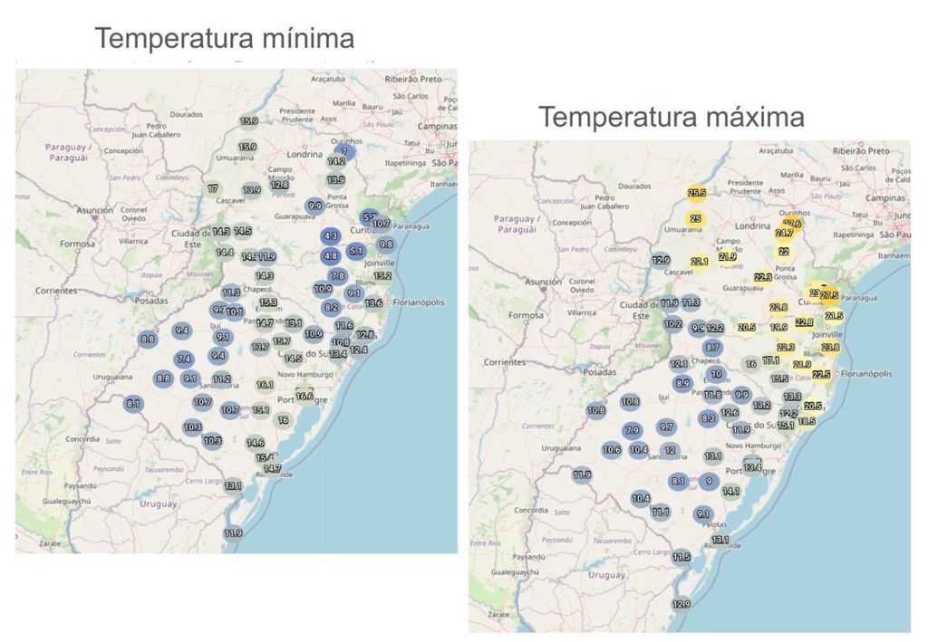 Temperatura mínima (esquerda) e máxima (direita) registradas na última quinta-feira (17) na região Sul. Créditos: INMET. Temperatura mínima (esquerda) e máxima (direita) registradas na última quinta-feira (17) na região Sul. Créditos: INMET.