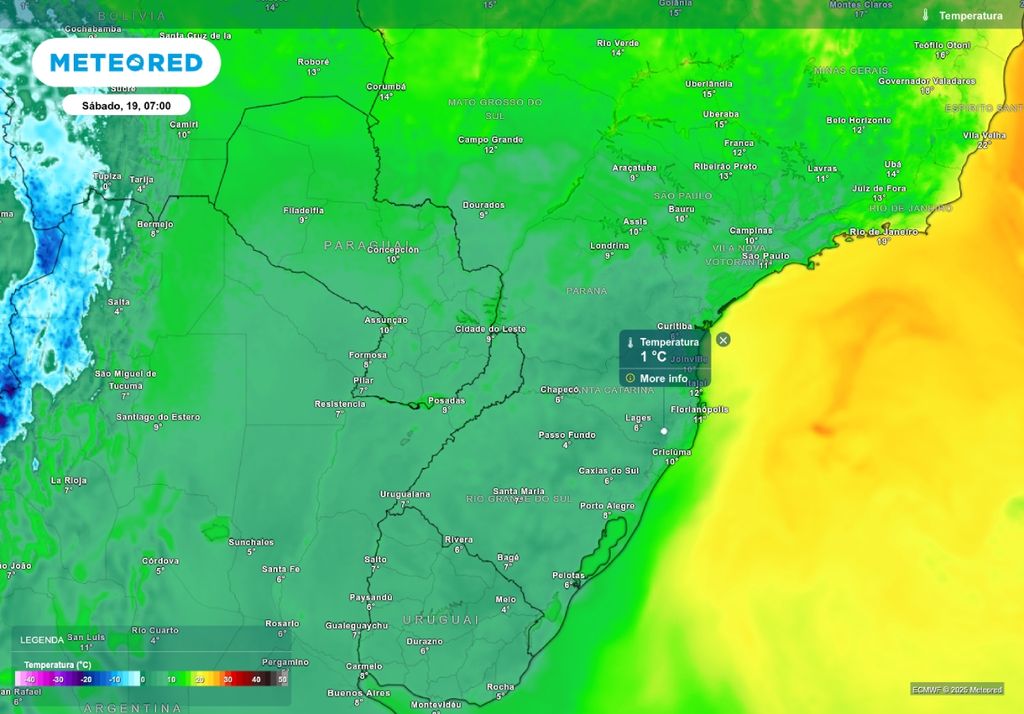 Previsão de temperatura mínima no sábado (19), de acordo com o ECMWF. Previsão de temperatura mínima no sábado (19), de acordo com o ECMWF.