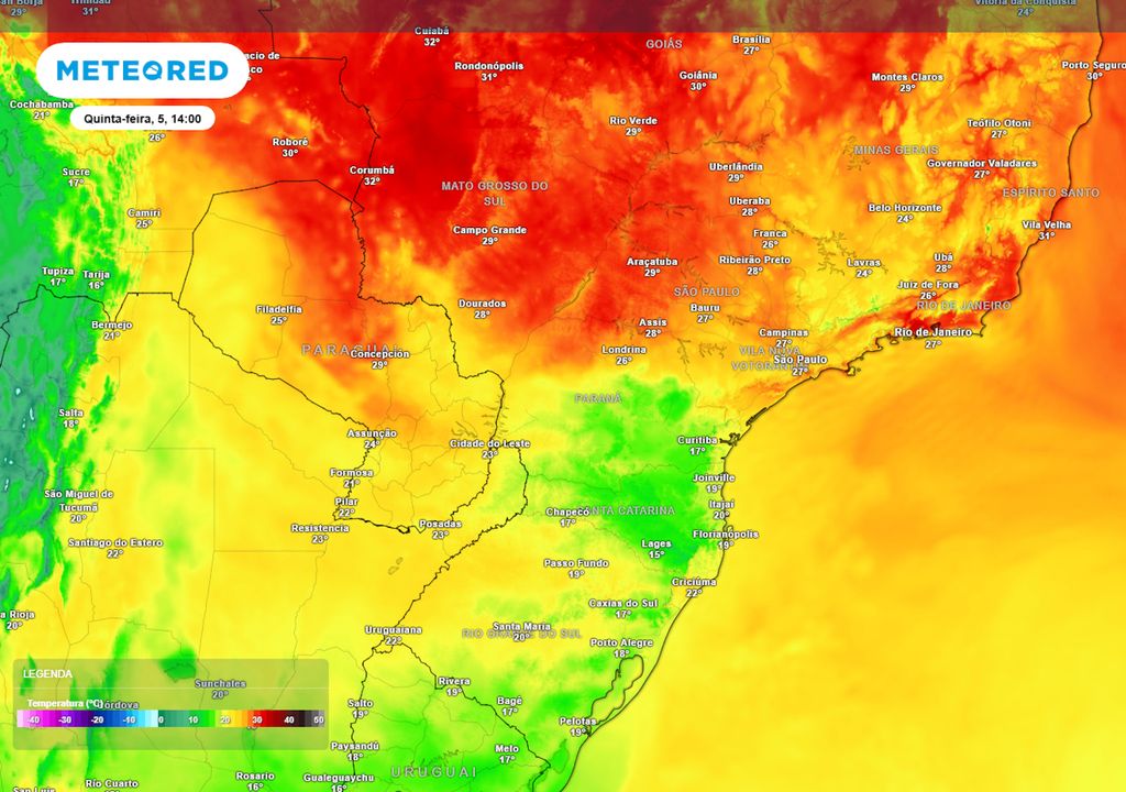 Previsão de temperaturas máximas na quinta-feira de tarde.