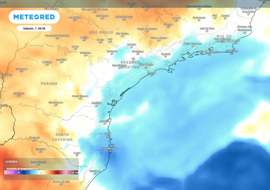 Previsão de anomalia de temperaturas em 850 hPa no sábado.