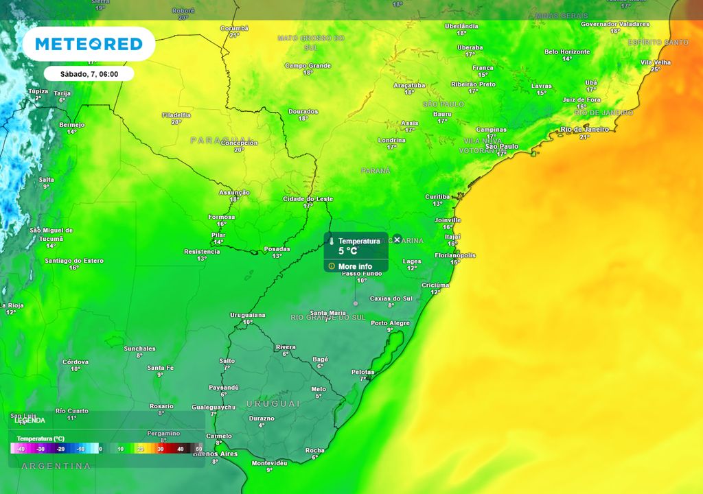 Previsão de temperaturas mínimas no sábado de madrugada.