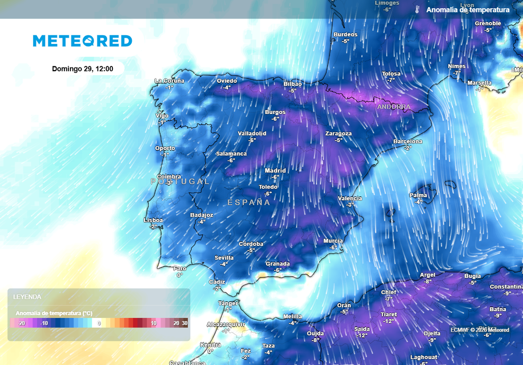 Las temperaturas se mantendrán por debajo de la media de la época en toda la Península y Baleares, con anomalías negativas más pronunciadas el domingo.
