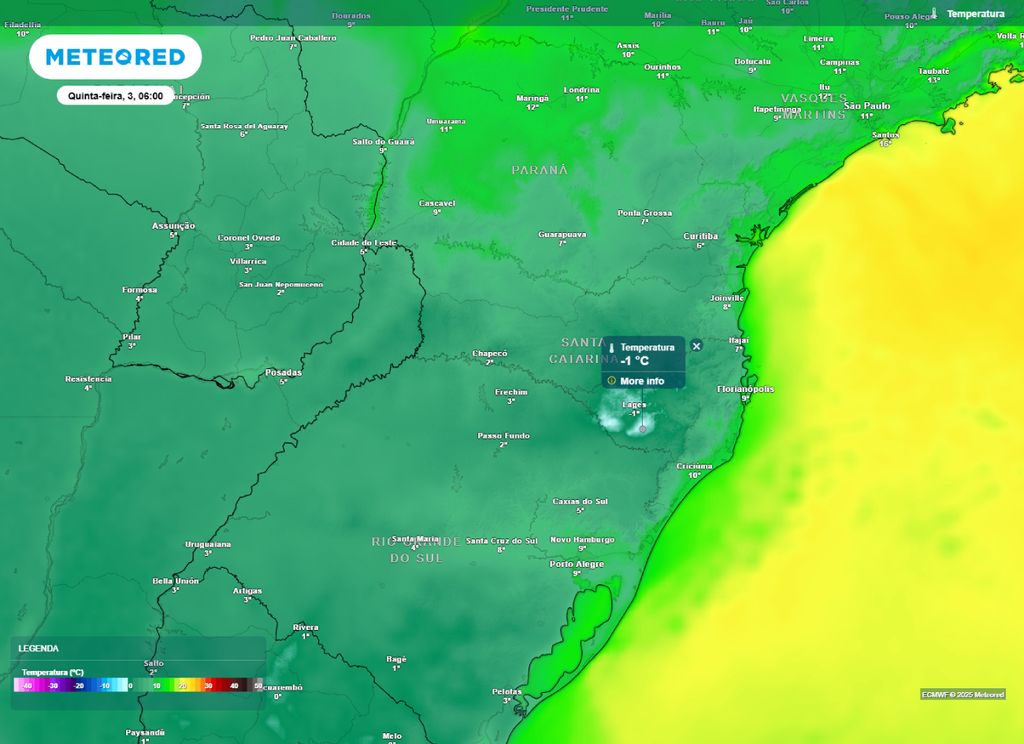 Temperatura mínima prevista para a Região Sul do Brasil na manhã de quinta-feira (3). Temperatura mínima prevista para a Região Sul do Brasil na manhã de quinta-feira (3).