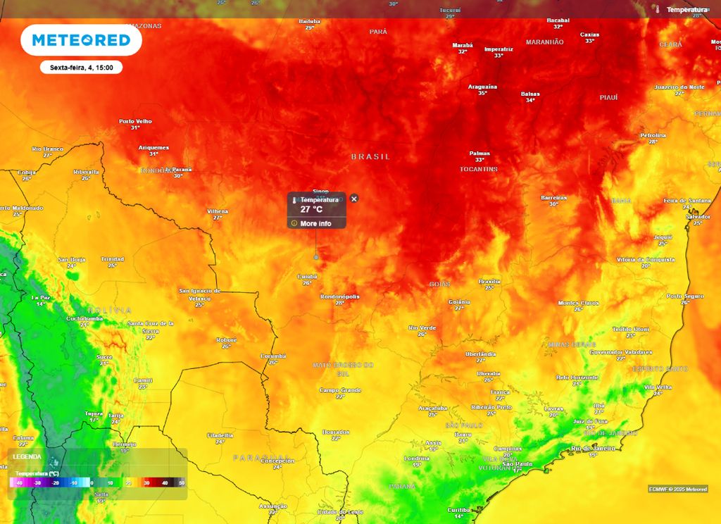 Temperatura máxima prevista para a região Centro-Oeste na tarde de sexta-feira (4). Temperatura máxima prevista para a região Centro-Oeste na tarde de sexta-feira (4).