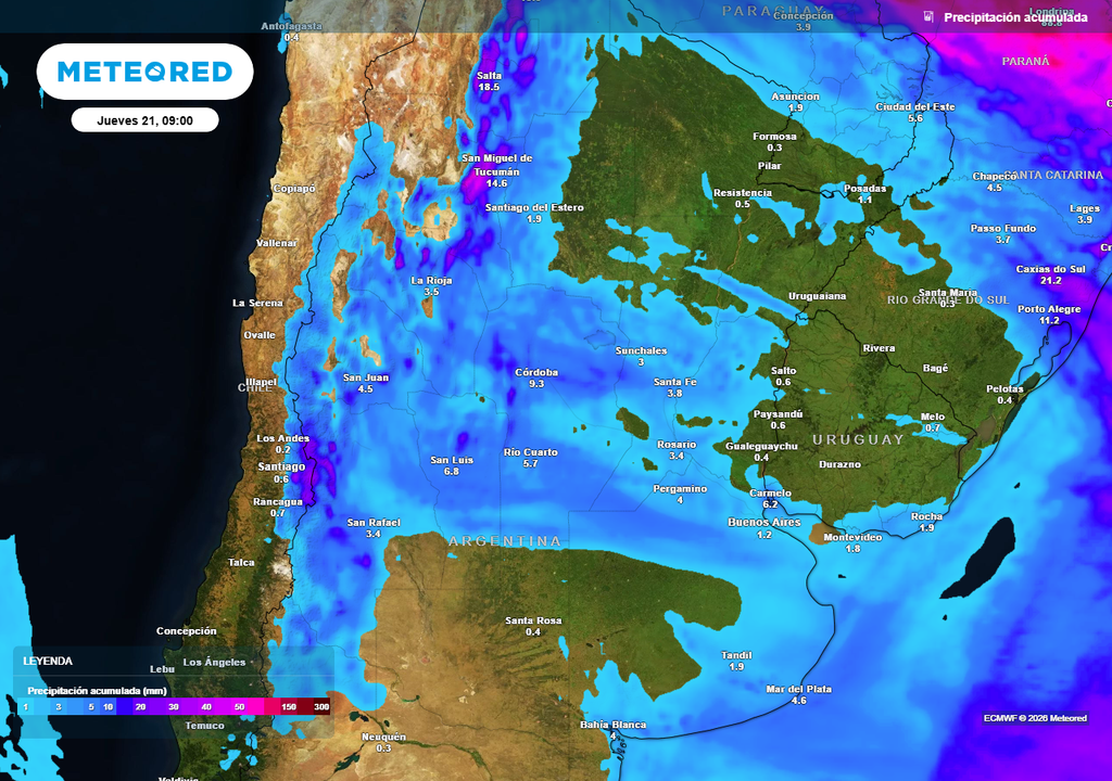 Acumulados de lluvia previstos hasta el próximo jueves según nuestro modelo de referencia ECMWF