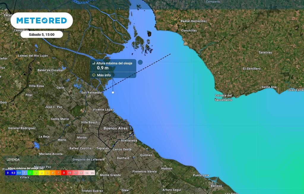 Altura de olas sàbado Mapa de altura màxima del oleaje para el sábado 5 de septiembre: por el viento del sudoeste, el río estará un poco picado...