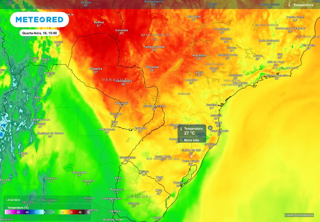 Previsão de temperatura máxima na quarta-feira (16), de acordo com o ECMWF. Previsão de temperatura máxima na quarta-feira (16), de acordo com o ECMWF.