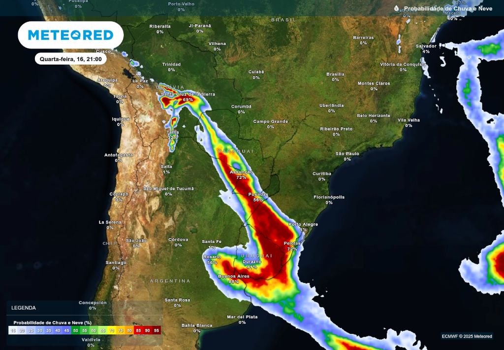 Previsão de probabilidade de chuva na noite desta quarta-feira (16), de acordo com o ECWMF. Previsão de probabilidade de chuva na noite desta quarta-feira (16), de acordo com o ECWMF.