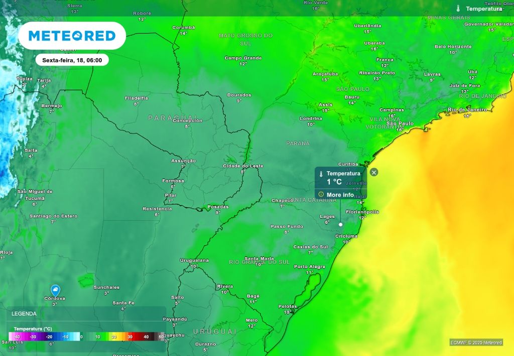 Previsão de temperatura mínima sexta-feira (18), de acordo com o ECMWF. Previsão de temperatura mínima sexta-feira (18), de acordo com o ECMWF.