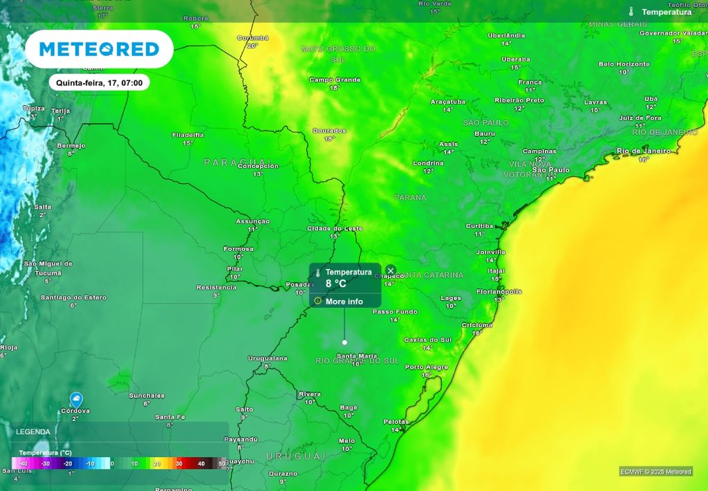 Previsão de temperatura mínima quinta-feira (17), de acordo com o ECMWF. Previsão de temperatura mínima quinta-feira (17), de acordo com o ECMWF.