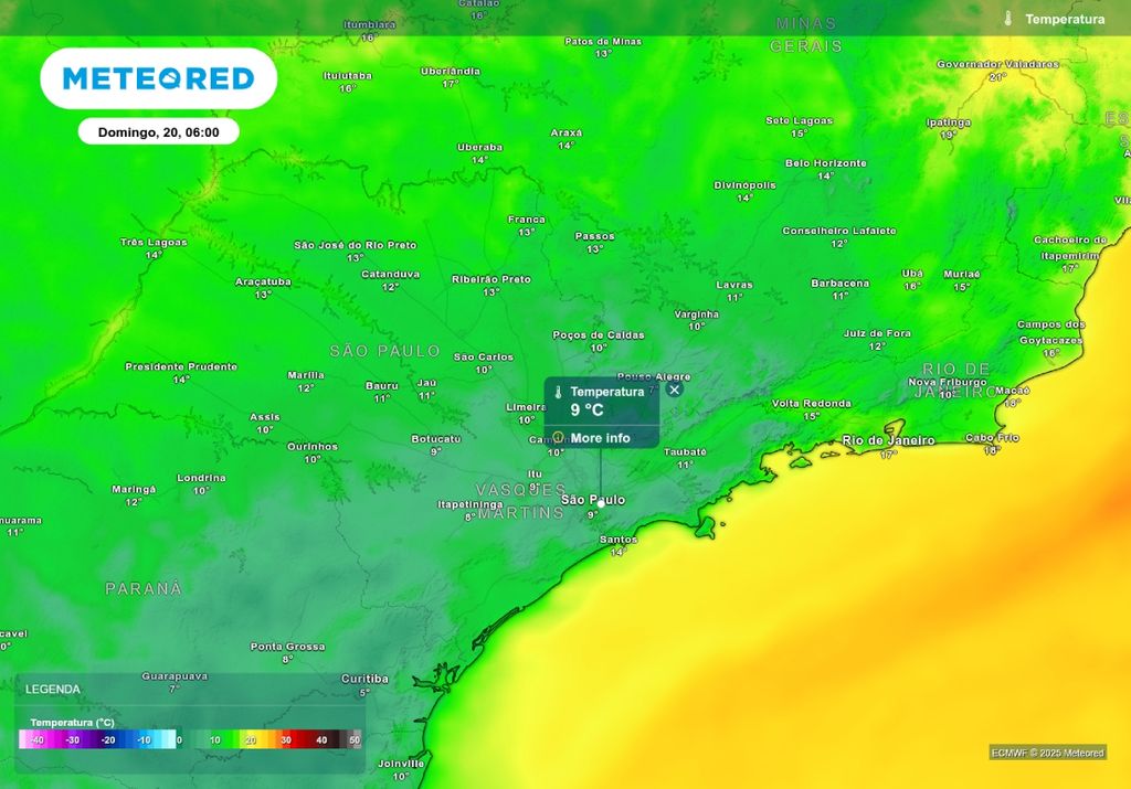 Previsão de temperatura mínima no domingo (20), de acordo com o ECMWF. Previsão de temperatura mínima no domingo (20), de acordo com o ECMWF.