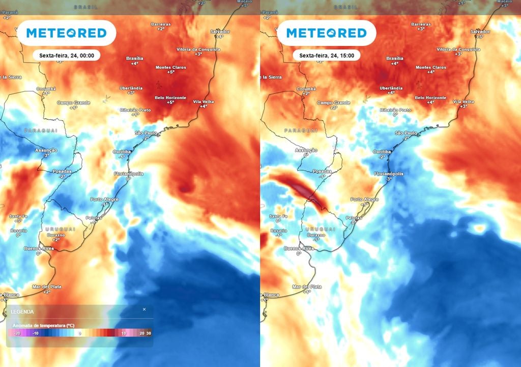 Previsão de anomalias de temperatura em 850 hPa na sexta-feira de madrugada e de tarde. Previsão de anomalias de temperatura em 850 hPa na sexta-feira de madrugada (esquerda) e de tarde (direita) mostra a massa de ar frio atuando sobre parte do centro-sul do país.