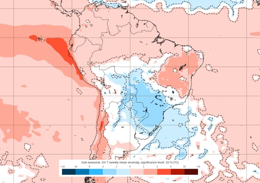 Previsão de anomalias de temperatura entre os dias 15 e 22 de Junho. Previsão de anomalias de temperatura entre os dias 15 e 22 de Junho mostra uma massa de ar frio atuando sobre as regiões Sul, Sudeste, Centro-Oeste e parte do Norte do país.