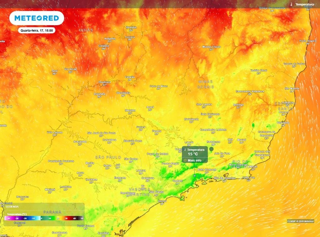 Previsão da temperatura máxima do ar (em °C) para a quarta-feira (17), segundo o modelo europeu ECMWF.