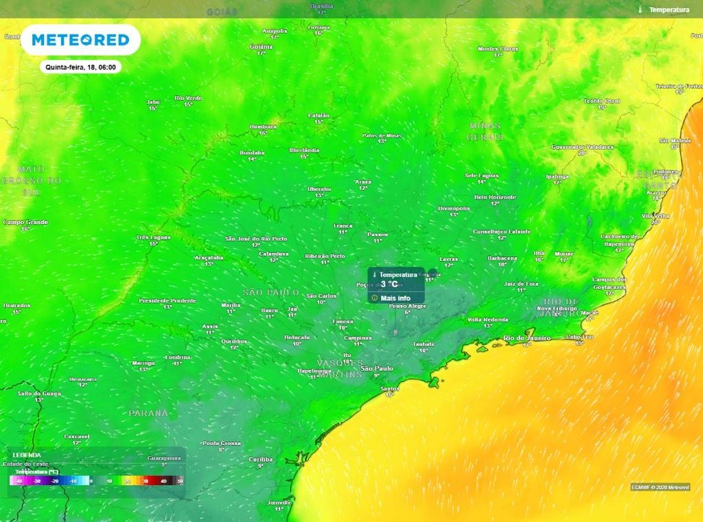 Previsão da temperatura mínima do ar (em °C) para a quinta-feira (18), segundo o modelo europeu ECMWF.