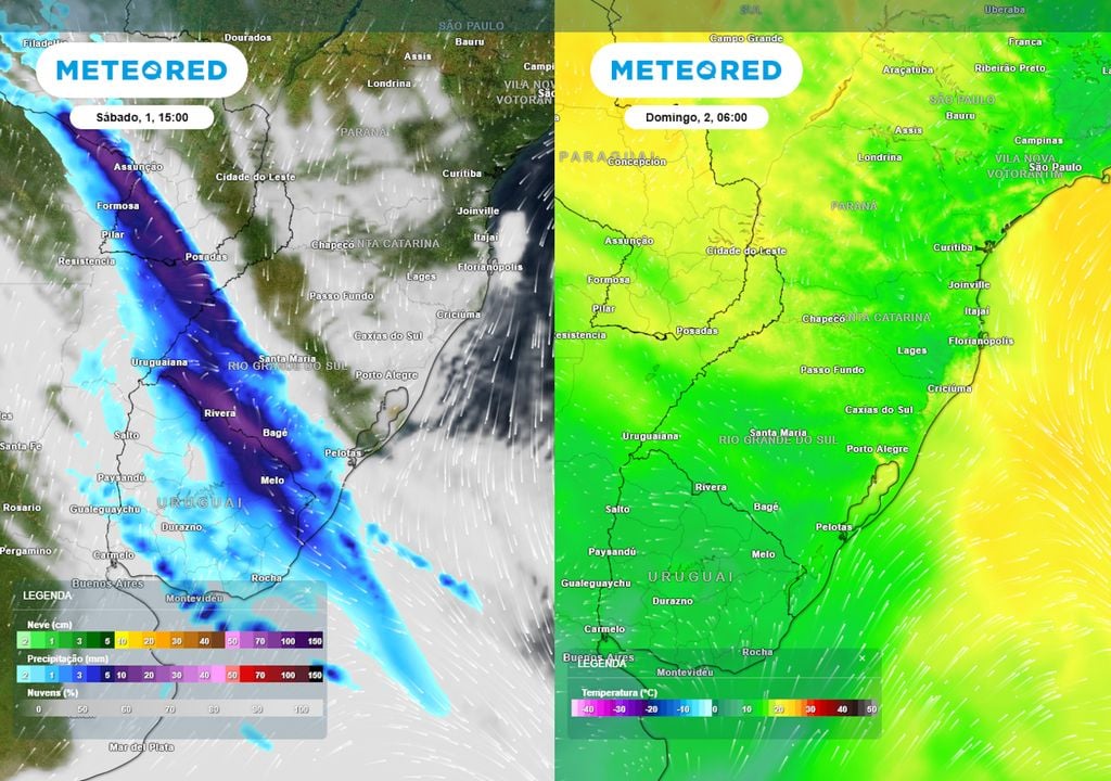 Previsão de nebulosidade e chuva no sábado (esquerda) e temperaturas mínimas no domingo (direita) ilustram os efeitos do avanço de uma frente fria fraca ao longo do final de semana.