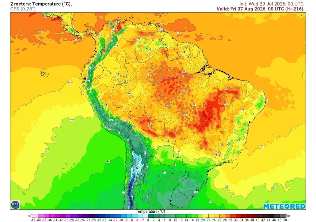 Previsão de temperaturas mínimas na sexta-feira da semana que vem, dia 7, mostra uma massa de ar frio mais intensa avançando pelo sul do país, com temperaturas mínimas próximas dos 0°C.