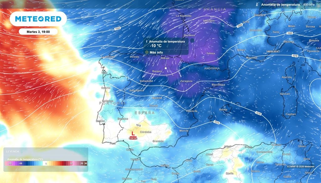 La masa de aire frío entrará por el nordeste peninsular y se irá asentando en España.