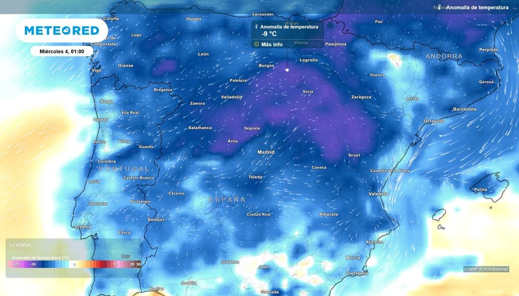 Las anomalías térmicas serán negativas en toda la España peninsular e Islas Baleares, siendo más acusadas en el interior de la mitad norte.