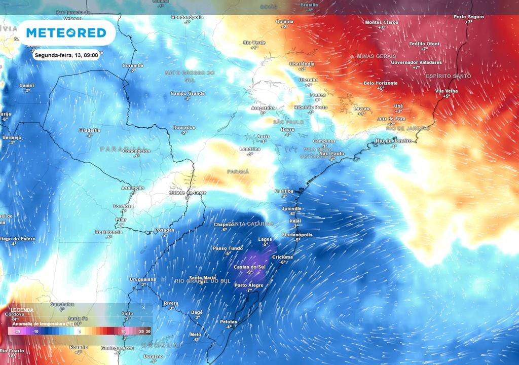 Previsão de anomalias de temperatura em 850 hPa na segunda-feira de manhã. Previsão de anomalias de temperatura em 850 hPa na segunda-feira de manhã mostra a abrangência da massa de ar frio que avançará pelo país ao longo do próximo final de semana.