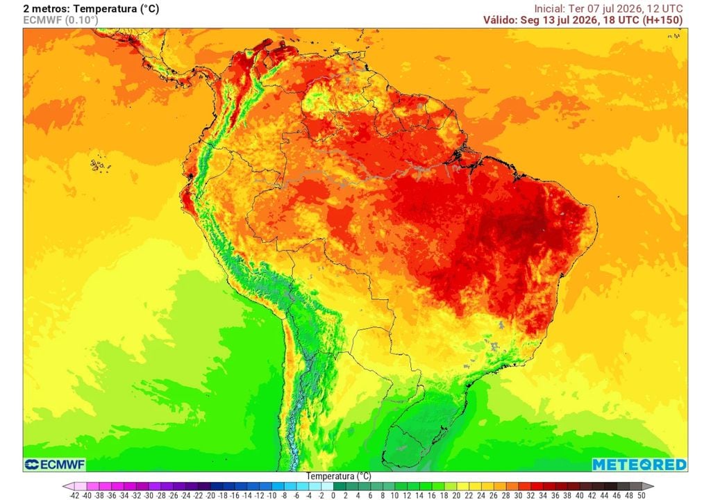 Previsão de temperaturas máximas na segunda-feira da semana que vem. Previsão de temperaturas máximas na segunda-feira da semana que vem mostra que diversos municípios do Sul e do Sudeste registrarão valores abaixo dos 20°C (cores esverdeadas)