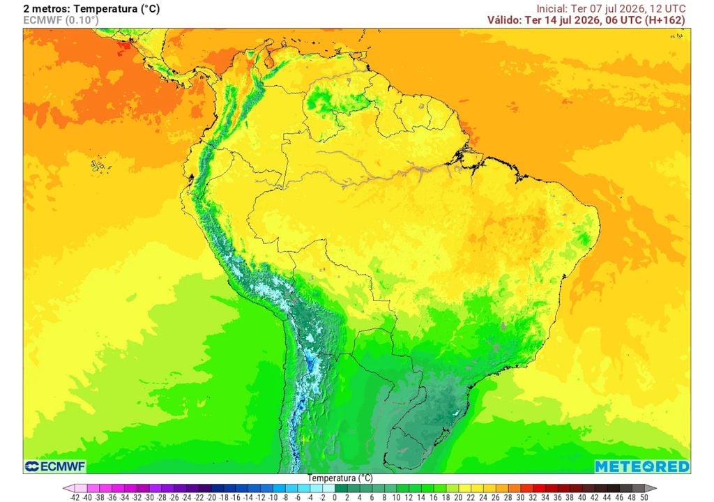 Previsão de temperaturas mínimas na terça-feira durante a madrugada. Previsão de temperaturas mínimas na terça-feira durante a madrugada mostra possibilidade de formação de temperaturas negativas (cores brancas) e geadas fortes em parte do Sul.